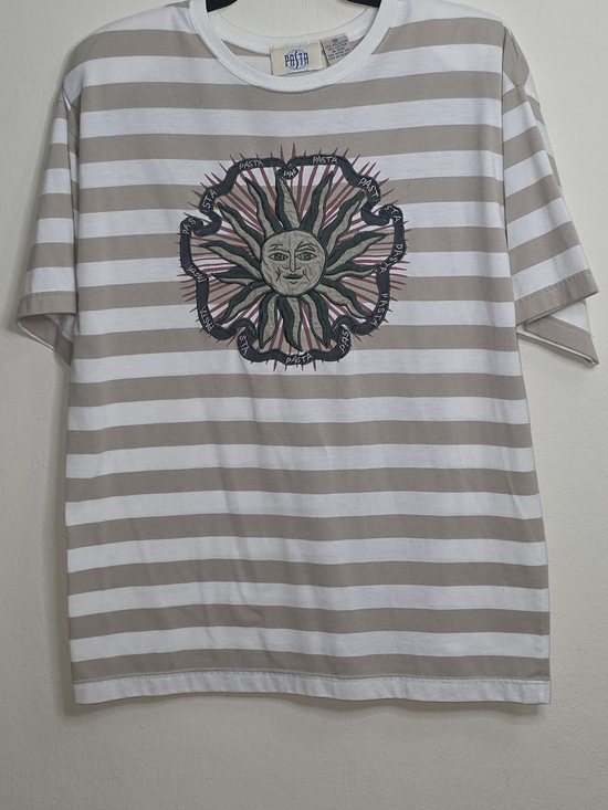 Tops - Pasta Brand Beige & White Striped Sun Graphic Tee